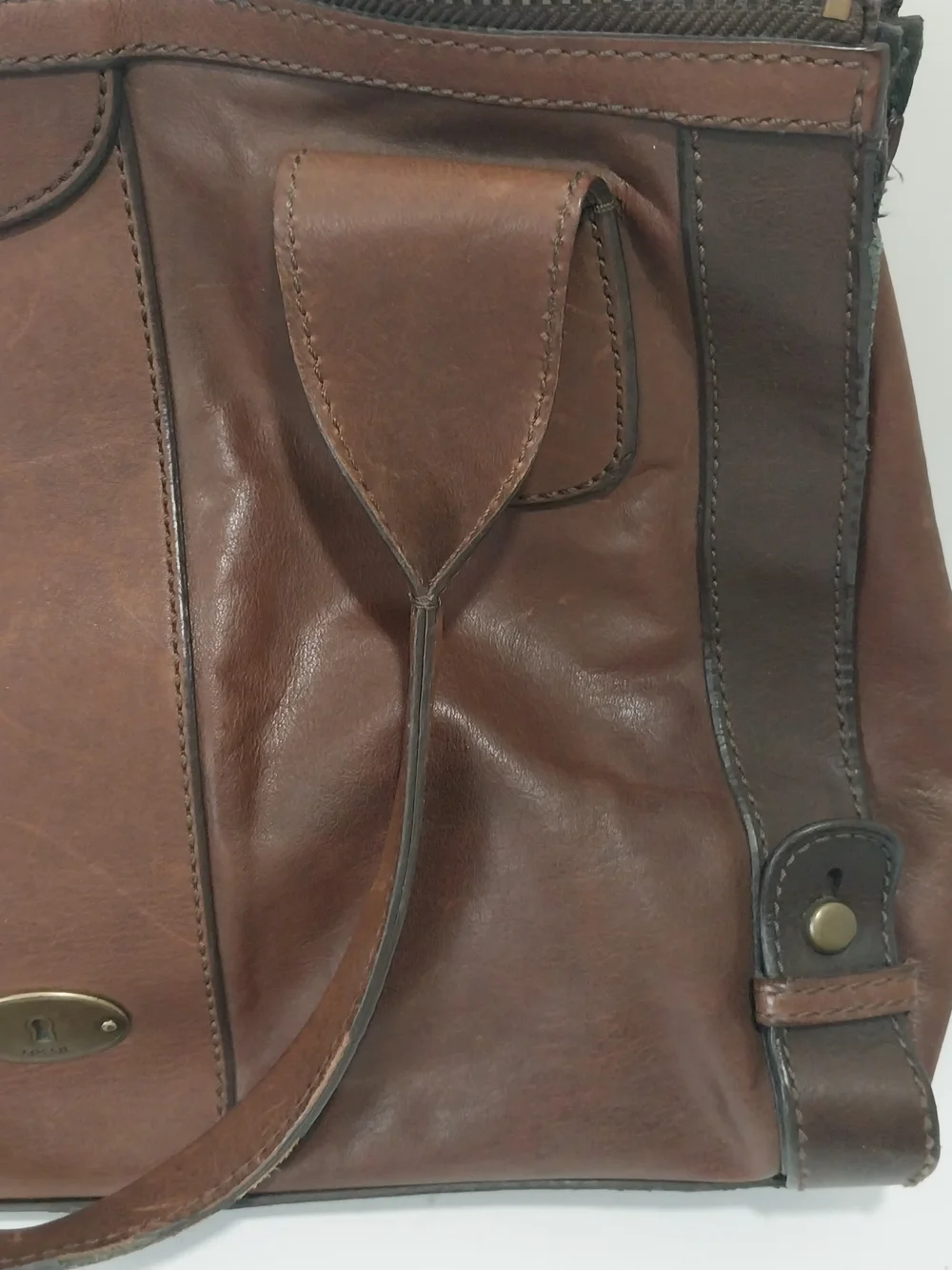 Fossil Brown Leather Unisex Satchel With Key Charm